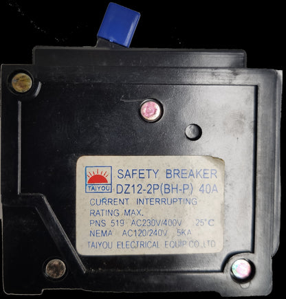 Taiyou 40A 2 Pole Circuit Breaker Plug-in Type with safety breaker label for electrical protection