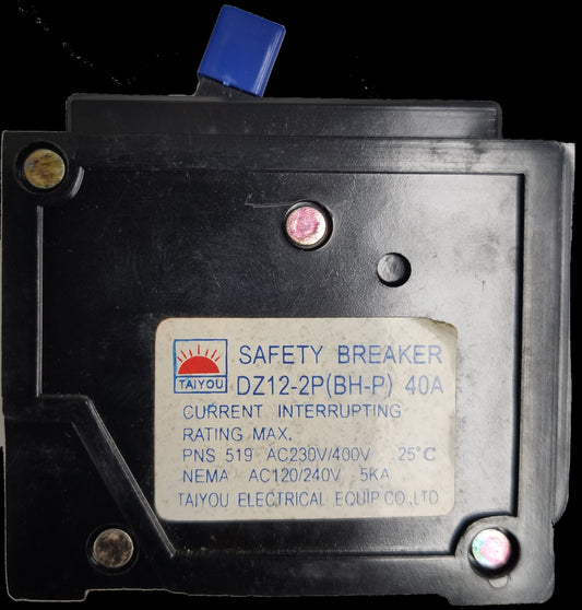 Taiyou 40A 2 Pole Circuit Breaker Plug-in Type with safety breaker label for electrical protection