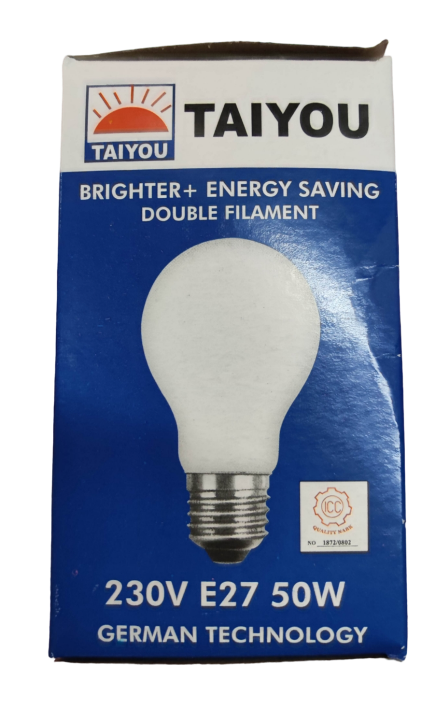 Taiyou 50W E27 incandescent lamp with double filament energy-saving design in blue packaging