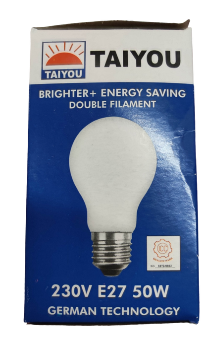 Taiyou 50W E27 incandescent lamp with double filament energy-saving design in blue packaging