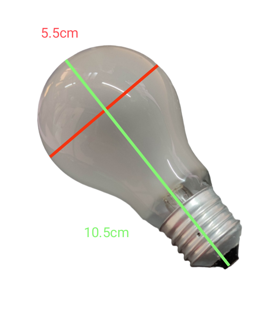 Taiyou 50W E27 incandescent lamp with frosted glass and metal screw base measuring 10.5cm by 5.5cm