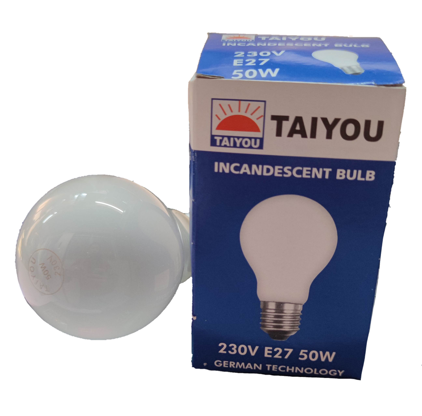 Taiyou 50W E27 incandescent lamp with white glass bulb and blue packaging box
