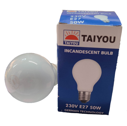 Taiyou 50W E27 incandescent lamp with white glass bulb and blue packaging box