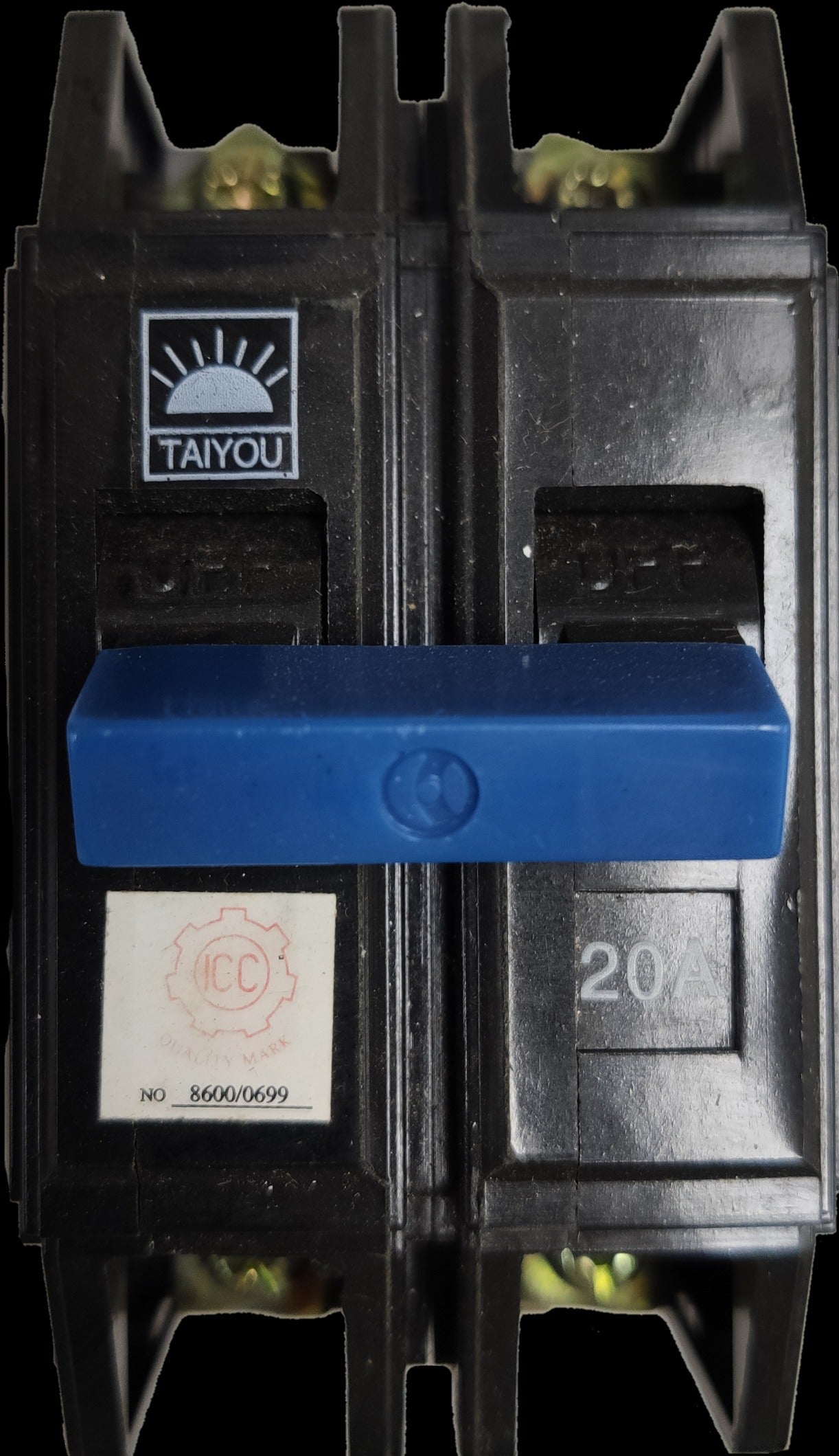 Taiyou Circuit Breaker 20A 2 Pole Bolt-on with blue handle and black casing for electrical circuitry