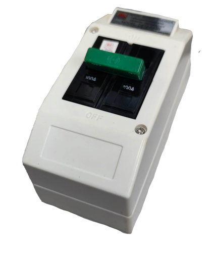 Taiyou Circuit Breaker with PVC Enclosure 2 Pole with green switch and white casing for electrical protection