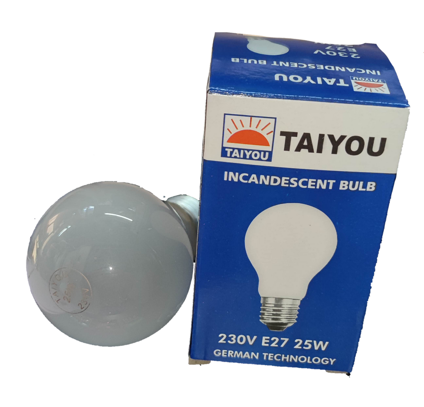 Taiyou E27 25W bulb 220V incandescent bulb with blue and white packaging showing German technology