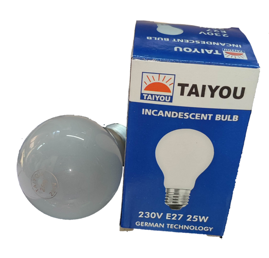 Taiyou E27 25W bulb 220V incandescent bulb with blue and white packaging showing German technology