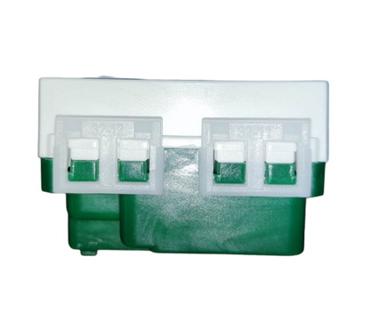 Omni Tandem Outlet 20A 220V power point with white and green plastic casing for electrical connection