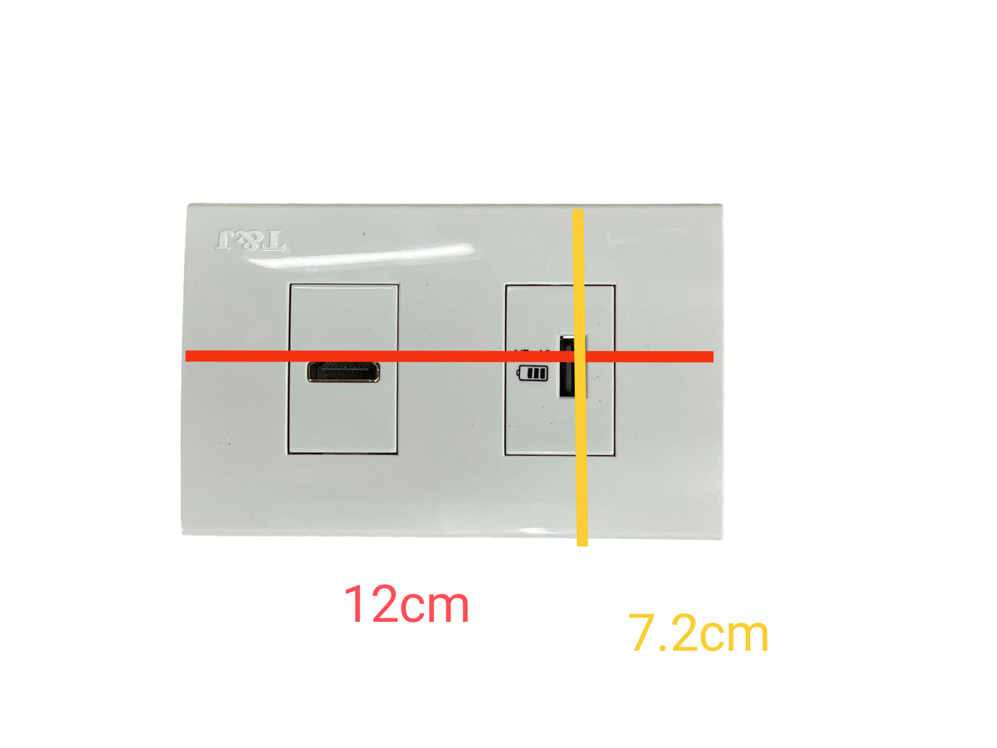 TJ glossy white dual gang HDMI wall plate with USB port showing HDMI and USB openings and dimensions