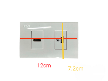 TJ glossy white dual gang HDMI wall plate with USB port showing HDMI and USB openings and dimensions
