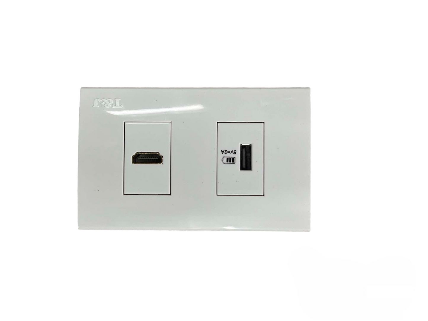 T and J white dual gang HDMI wall plate with USB port and USB Type A jack for wall mounted AV setups
