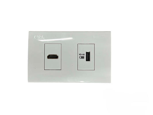T and J white dual gang HDMI wall plate with USB port and USB Type A jack for wall mounted AV setups