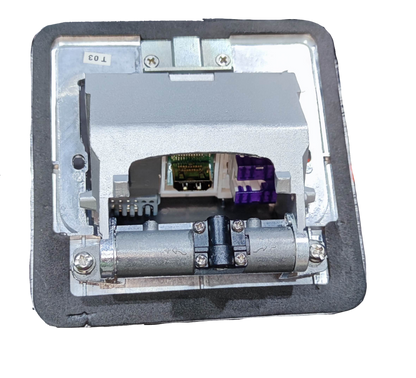 T and J metal floor outlet pop-up with USB and CAT6 recessed hinge box showing internal USB port and CAT6 jack