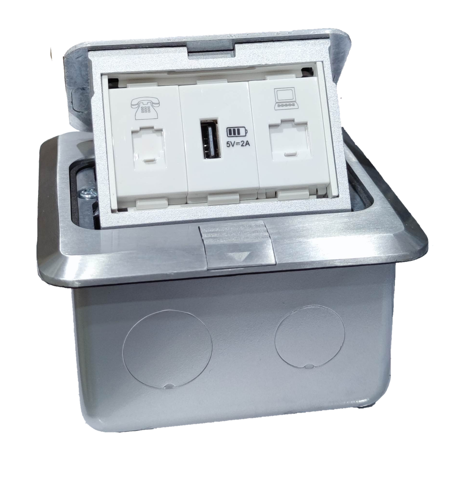 TJ stainless steel floor power box showing floor outlet pop-up with USB and CAT6 ports and keystone jacks for phone and network