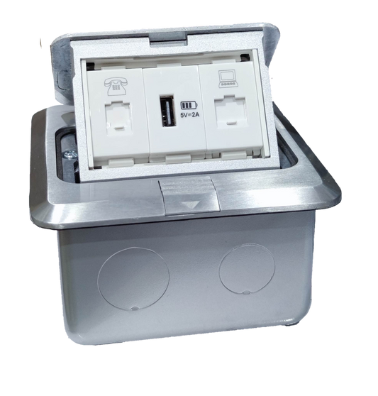 TJ stainless steel floor power box showing floor outlet pop-up with USB and CAT6 ports and keystone jacks for phone and network