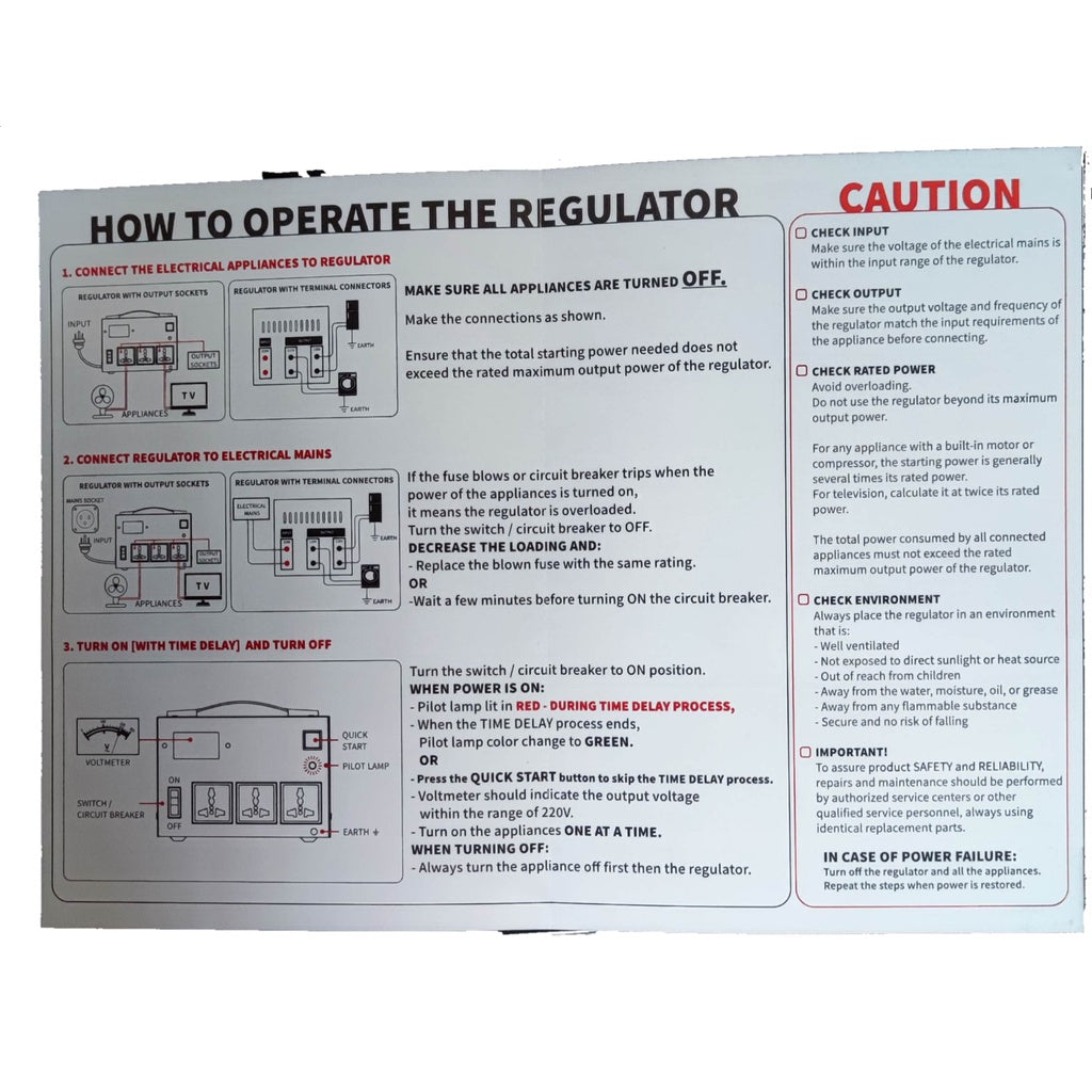 Techno 5000W AVR Servo Motor 220V Input User Manual with Operation Instructions and Caution Guidelines