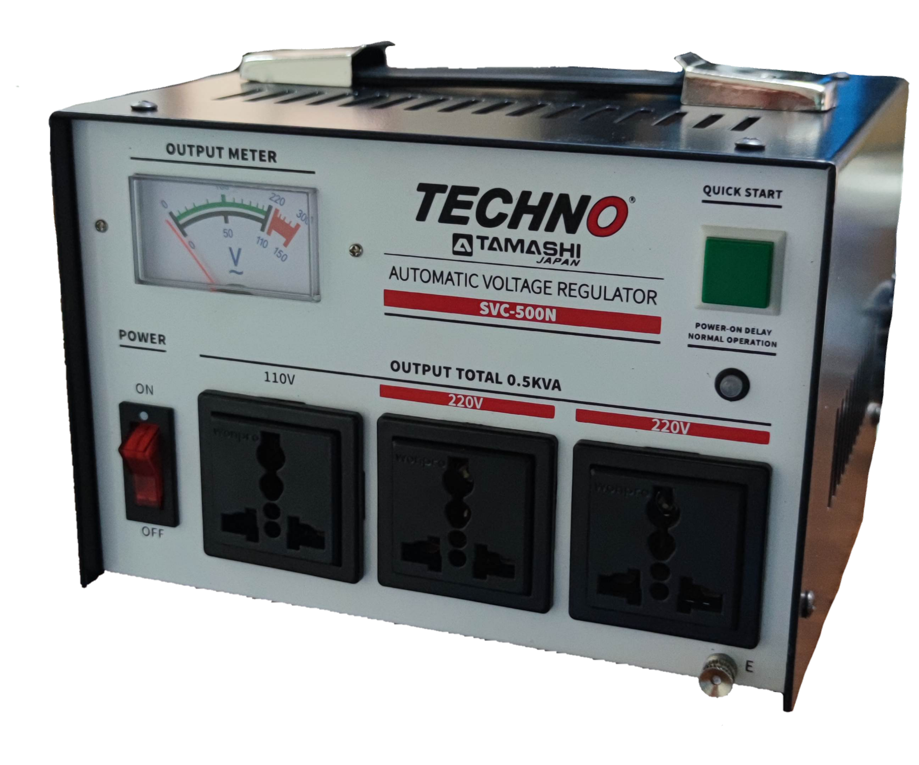 Techno 500W automatic voltage regulator with three outlets and output meter for stable power supply
