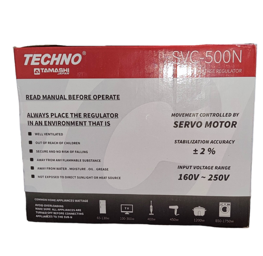 Techno SVC-500N 500W automatic voltage regulator with servo motor for reliable voltage stabilization