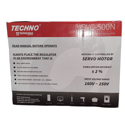 Techno SVC-500N 500W automatic voltage regulator with servo motor for reliable voltage stabilization