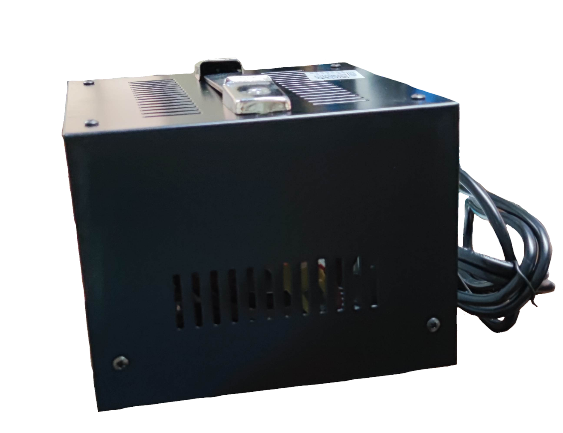 Techno 500W automatic voltage regulator with a sturdy black metal casing and power cord