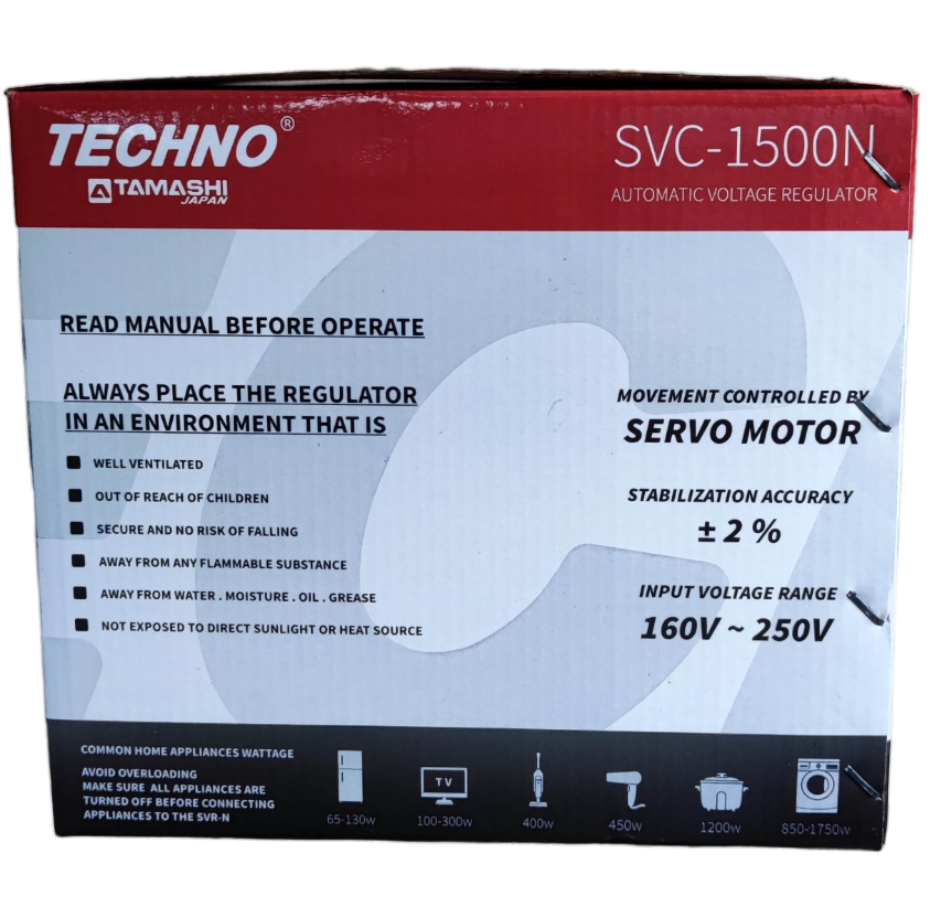 Techno Tamashi 1500W AVR Servo Motor 220V automatic voltage regulator box with operating instructions