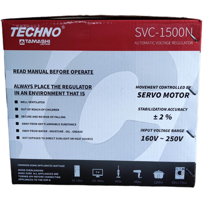 Techno Tamashi 1500W AVR Servo Motor 220V automatic voltage regulator box with operating instructions
