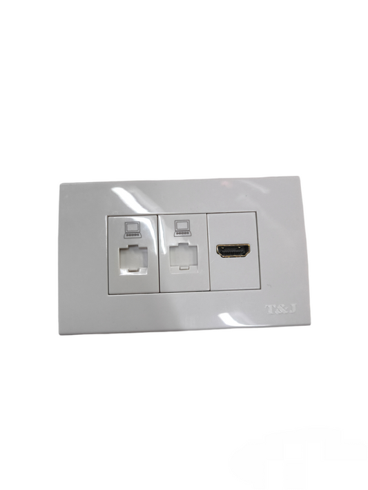 T&J 3 Gang 2 LAN CAT6 Outlet white power point with two LAN ports and one HDMI port