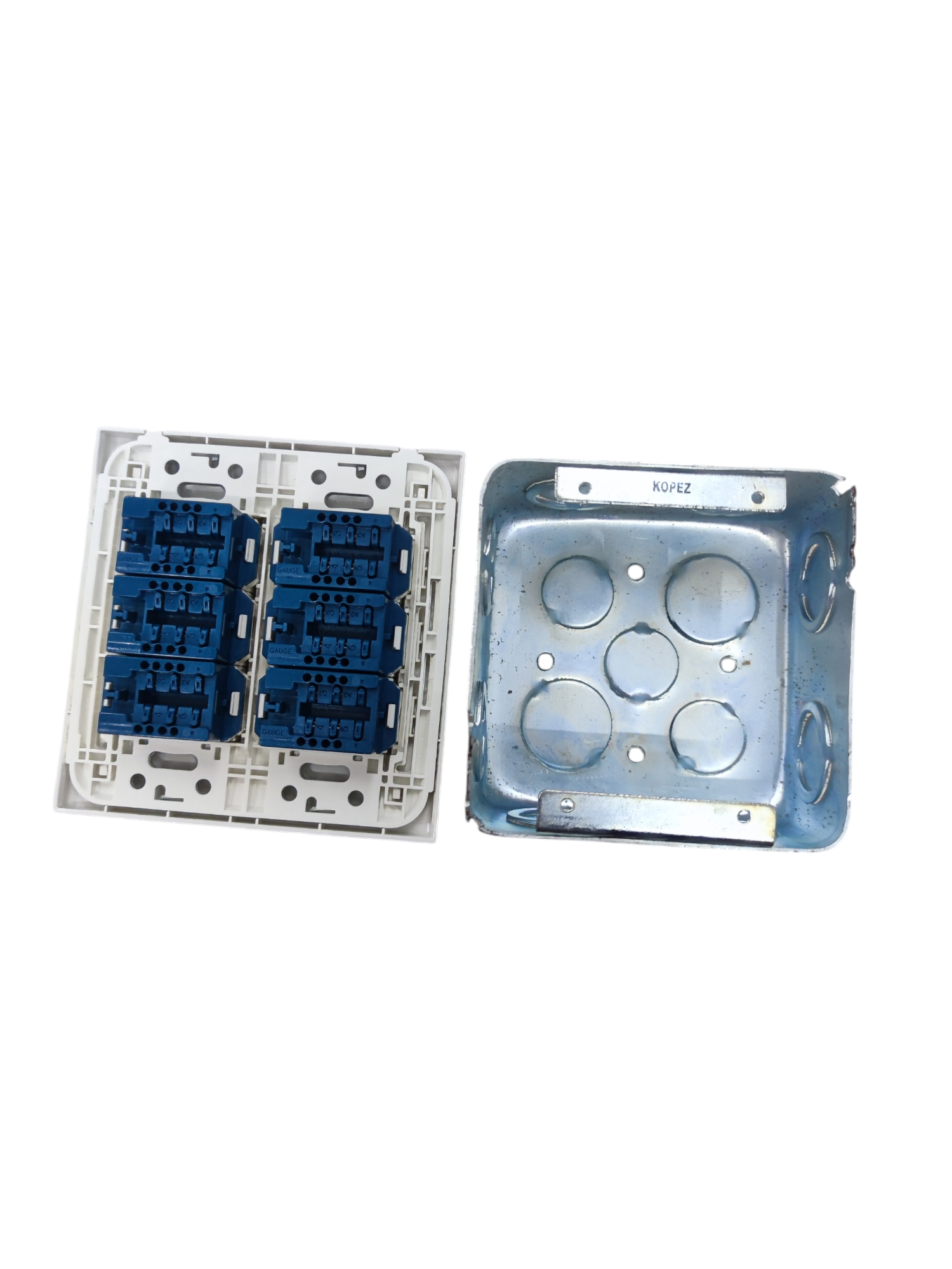 Panasonic 6 Gang Telephone Outlet 4C white faceplate with blue IDC modules and metal mounting box