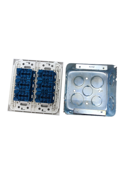 Panasonic 6 Gang Telephone Outlet 4C white faceplate with blue IDC modules and metal mounting box