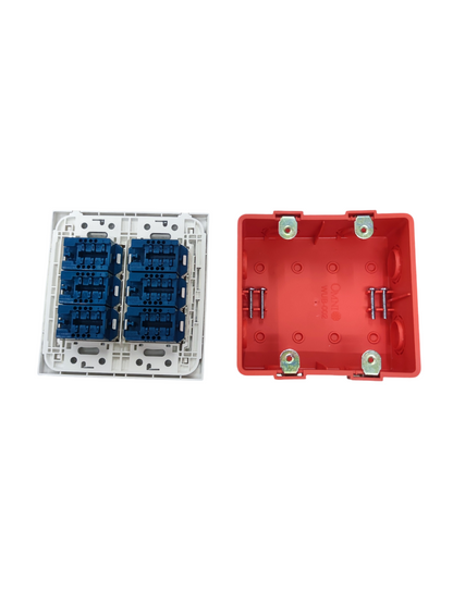 Panasonic 6 Gang Telephone Outlet 4C white faceplate with blue connector modules and red mounting box