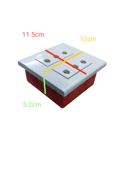 Panasonic 6 Gang Telephone Outlet 4C white faceplate with four RJ11 sockets mounted on red mounting box showing dimensions