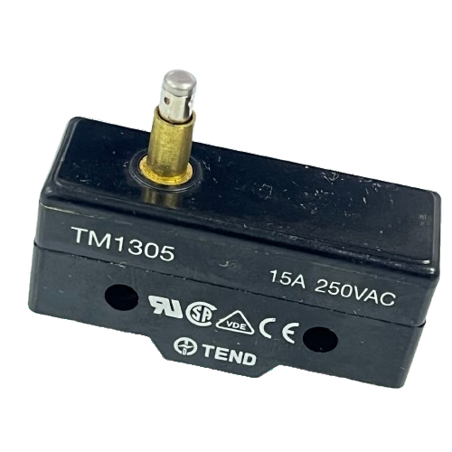 Tend Limit Switch 15A 250VAC TM1305 black plunger actuator rectangular housing with mounting holes and certification marks