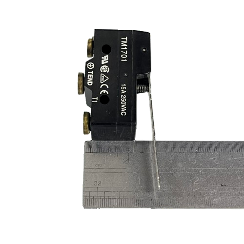 Black Tend limit switch with long metal lever on ruler showing size Limit Switch 15A 250VAC