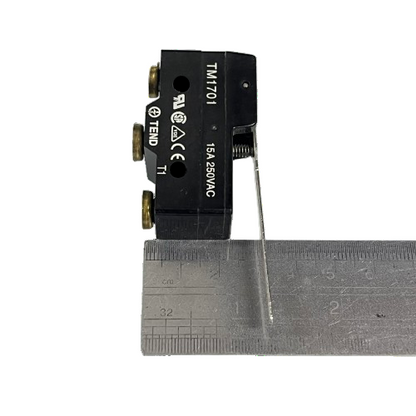 Black Tend limit switch with long metal lever on ruler showing size Limit Switch 15A 250VAC