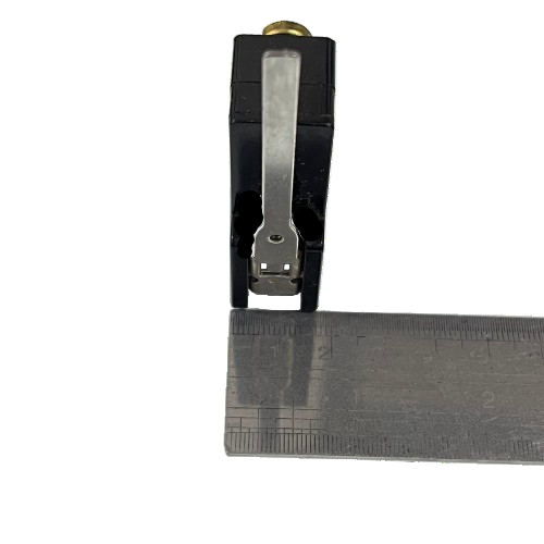 Tend black limit switch with metal lever and mounting stud next to ruler for scale Limit Switch 15A 250VAC