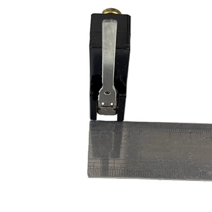 Tend black limit switch with metal lever and mounting stud next to ruler for scale Limit Switch 15A 250VAC