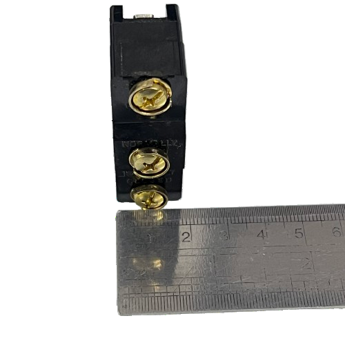 TEND Limit Switch 15A 250VAC black plastic body with three brass screw terminals next to ruler