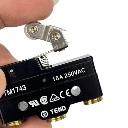 Handheld TEND Limit Switch 15A 250VAC. black micro switch with metal roller lever and brass screw terminals