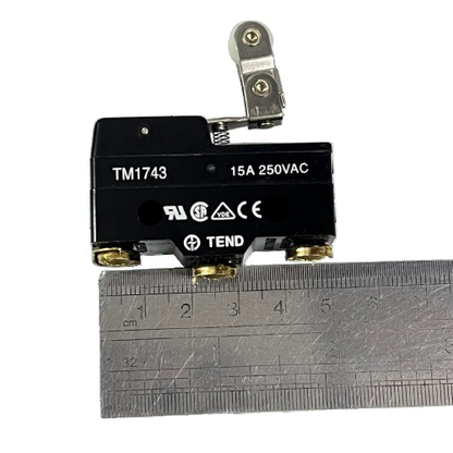 TEND Limit Switch 15A 250VAC black Tend TM1743 snap action limit switch with metal lever and ruler for scale
