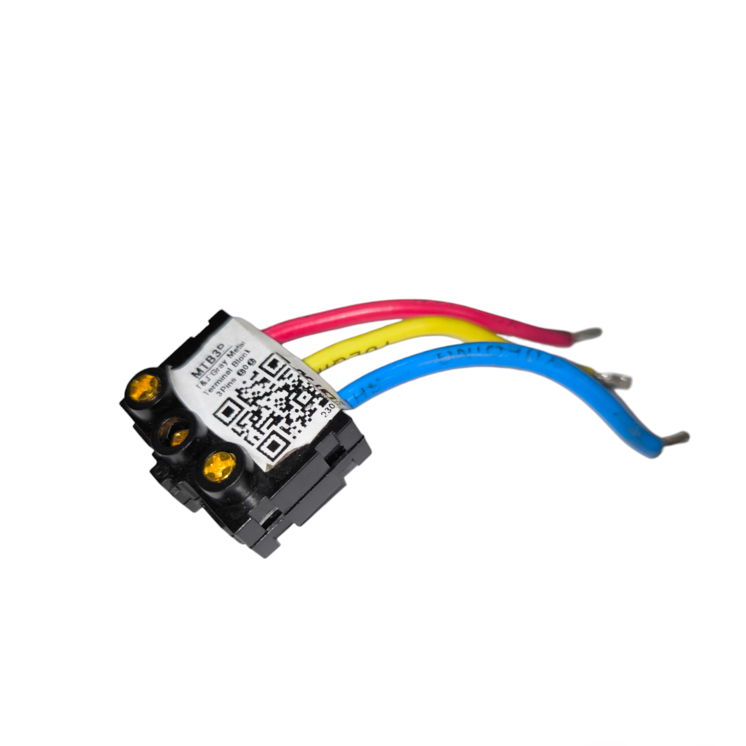 T&J Terminal Block Connector 3 Pole with red yellow and blue wires for electrical circuitry