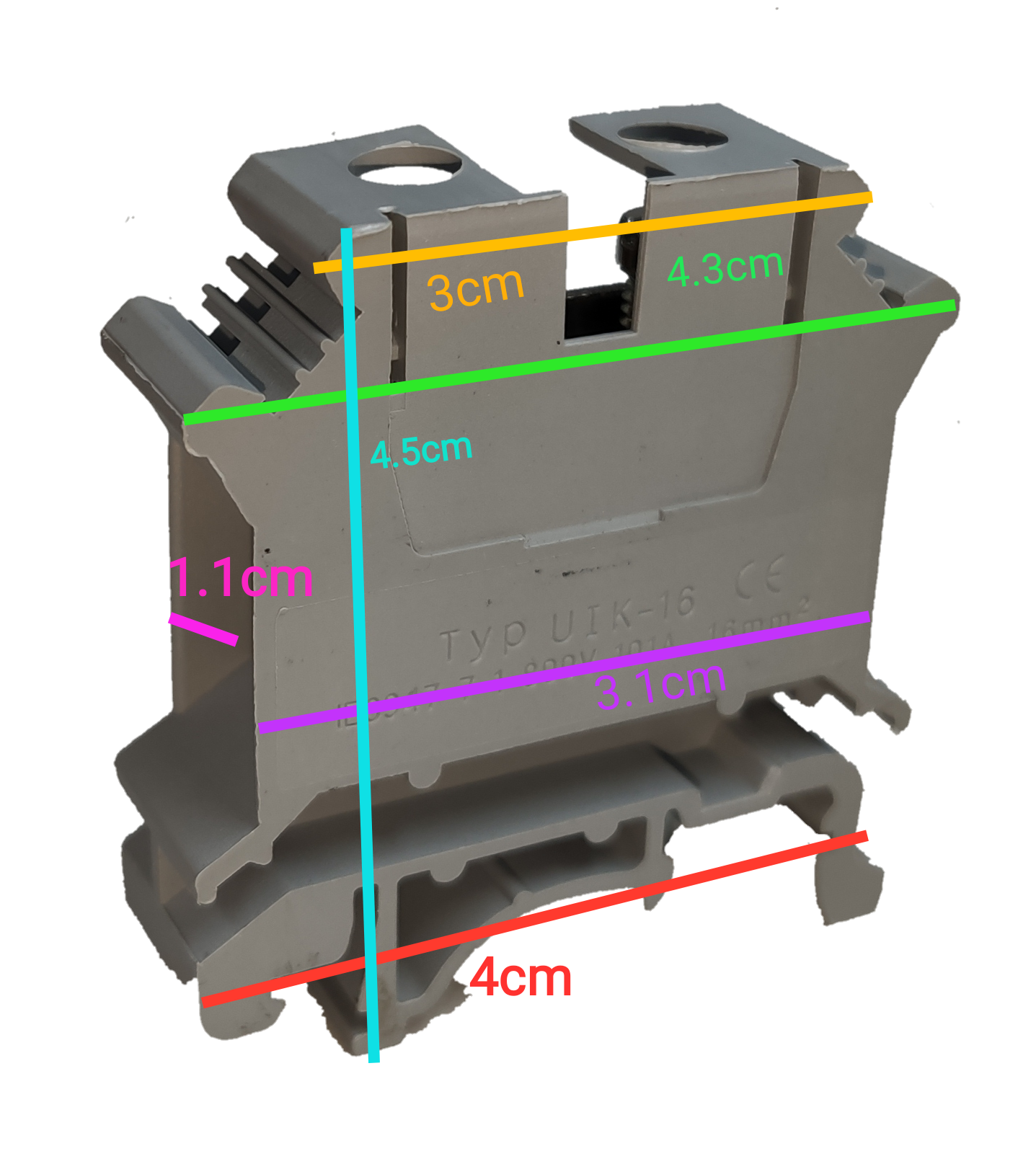 Grippes Terminal Block DIN Rail Type 16mm in gray with precise dimensions for electrical circuitry