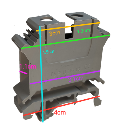 Grippes Terminal Block DIN Rail Type 16mm in gray with precise dimensions for electrical circuitry