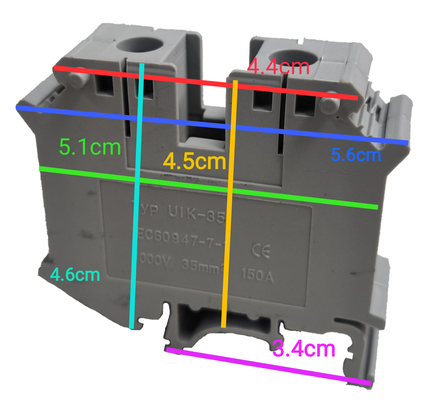 Grippes Terminal Block DIN Rail Type 35mm in gray electrical circuitry part with detailed measurements
