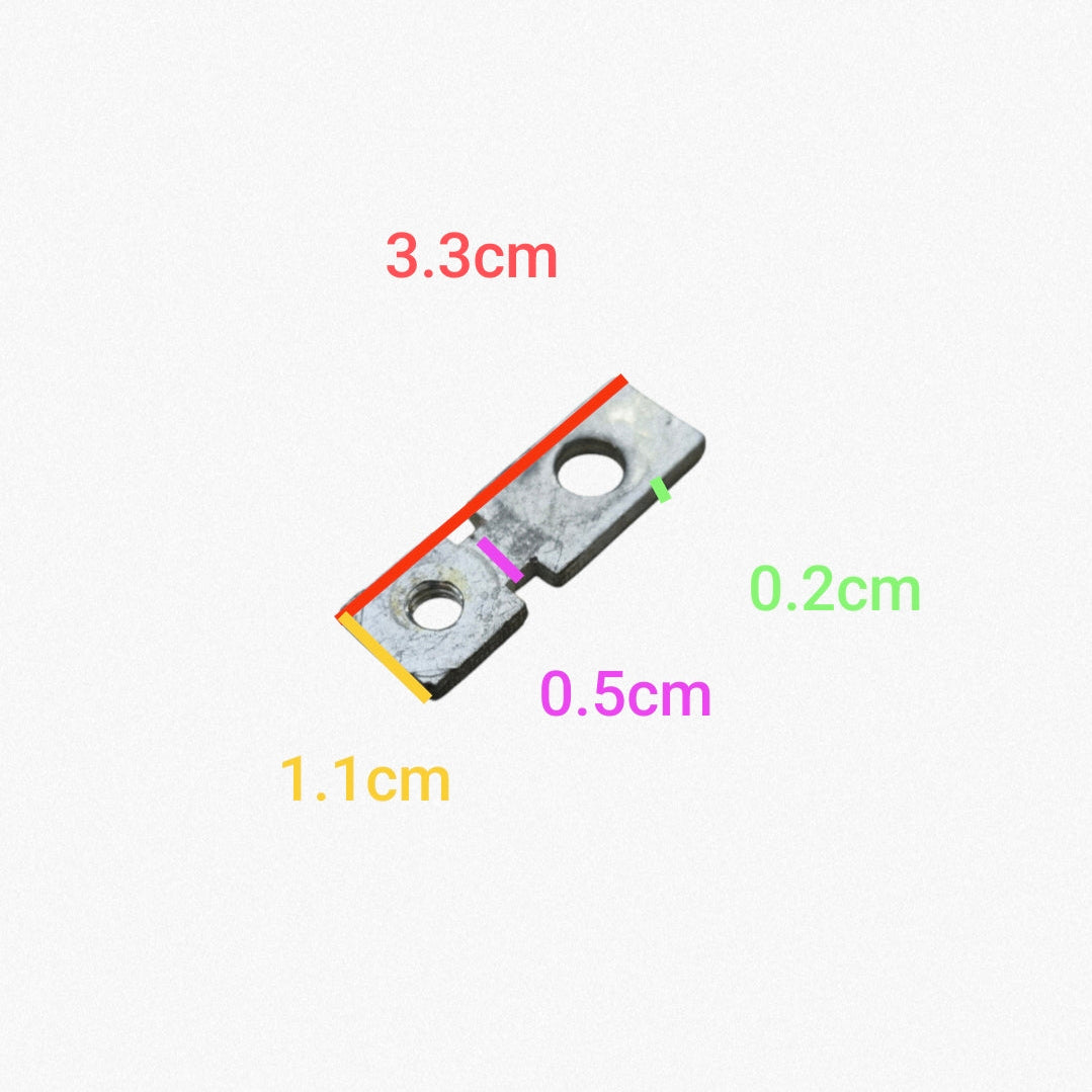 Metallic Terminal Connector with two mounting holes measuring 3.3cm by 1.1cm and 0.2cm thickness