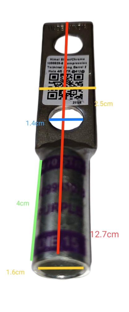 Utilux Terminal Lugs Compression Type Long Barrel with detailed measurements and specifications