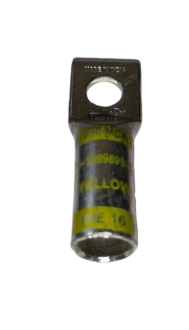 Utilux Terminal Lugs Long Barrel 1 Hole 250MCM electrical connector with yellow labeling