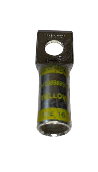 Utilux Terminal Lugs Long Barrel 1 Hole 250MCM electrical connector with yellow labeling