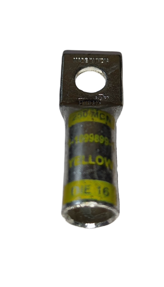 Utilux Terminal Lugs Long Barrel 1 Hole 250MCM electrical connector with yellow labeling
