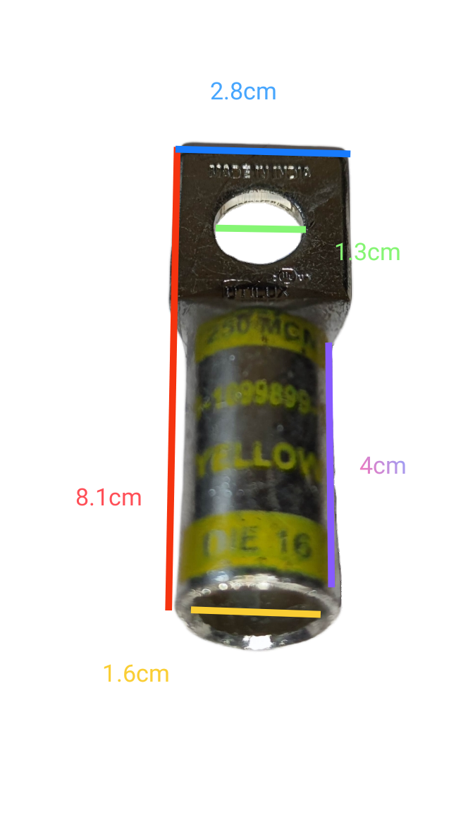Utilux Terminal Lugs Long Barrel 1 Hole 250MCM electrical connector with detailed size markings