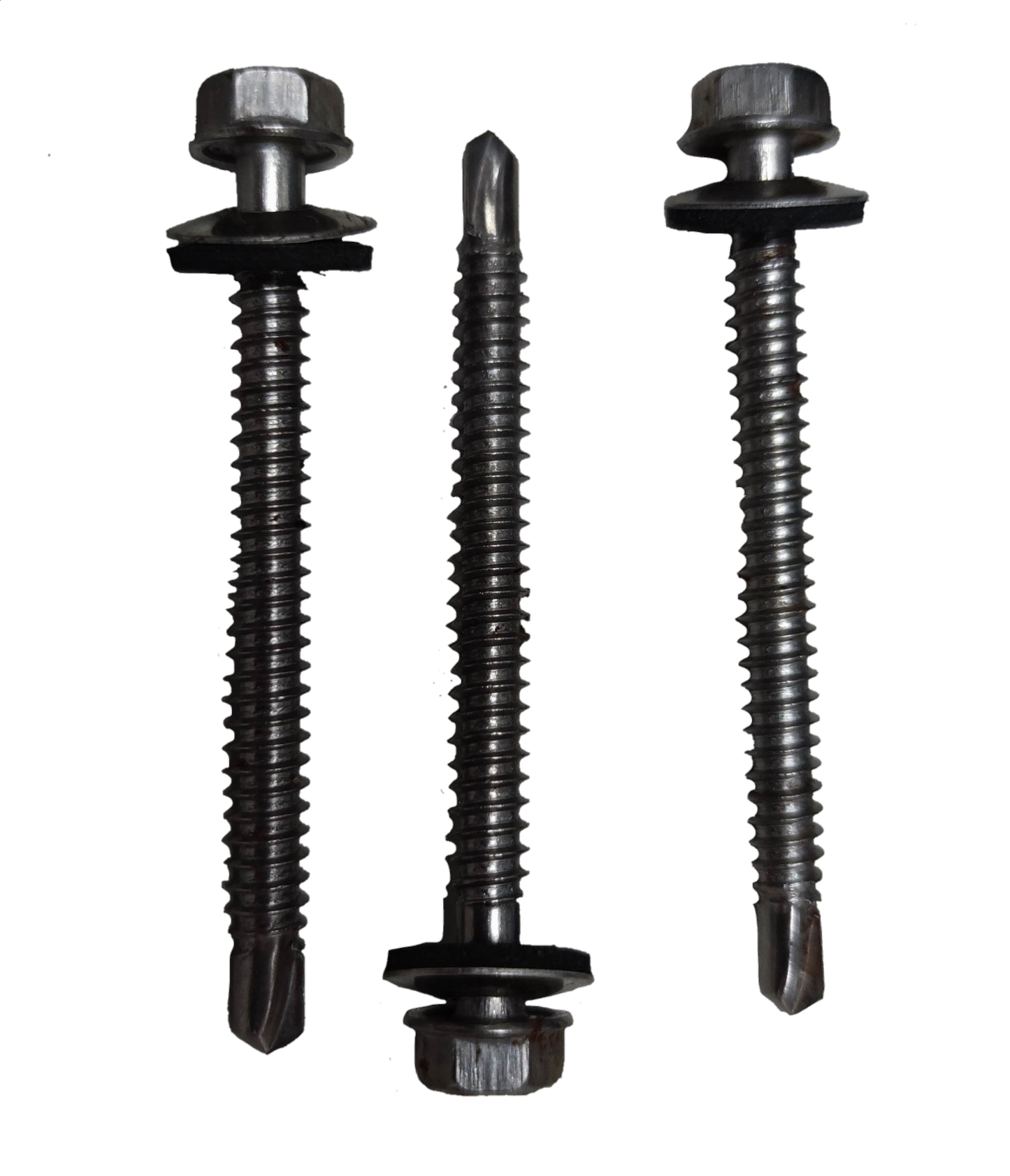 Three metal Tex Screw 6mmx 70mm Nut size 9mm screws with hex heads and attached washers
